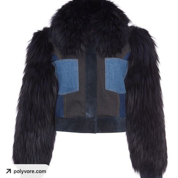 SONIA RYKIEL PARIS FOX FUR & Denim Leather Suede Patchwork Cropped Jacket - Picture 4 of 12